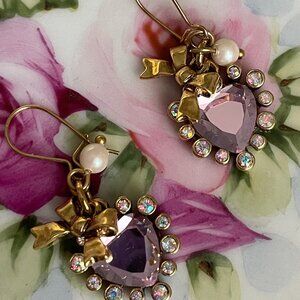 Vintage Betsey Johnson Crystal Heart Drop Earrings